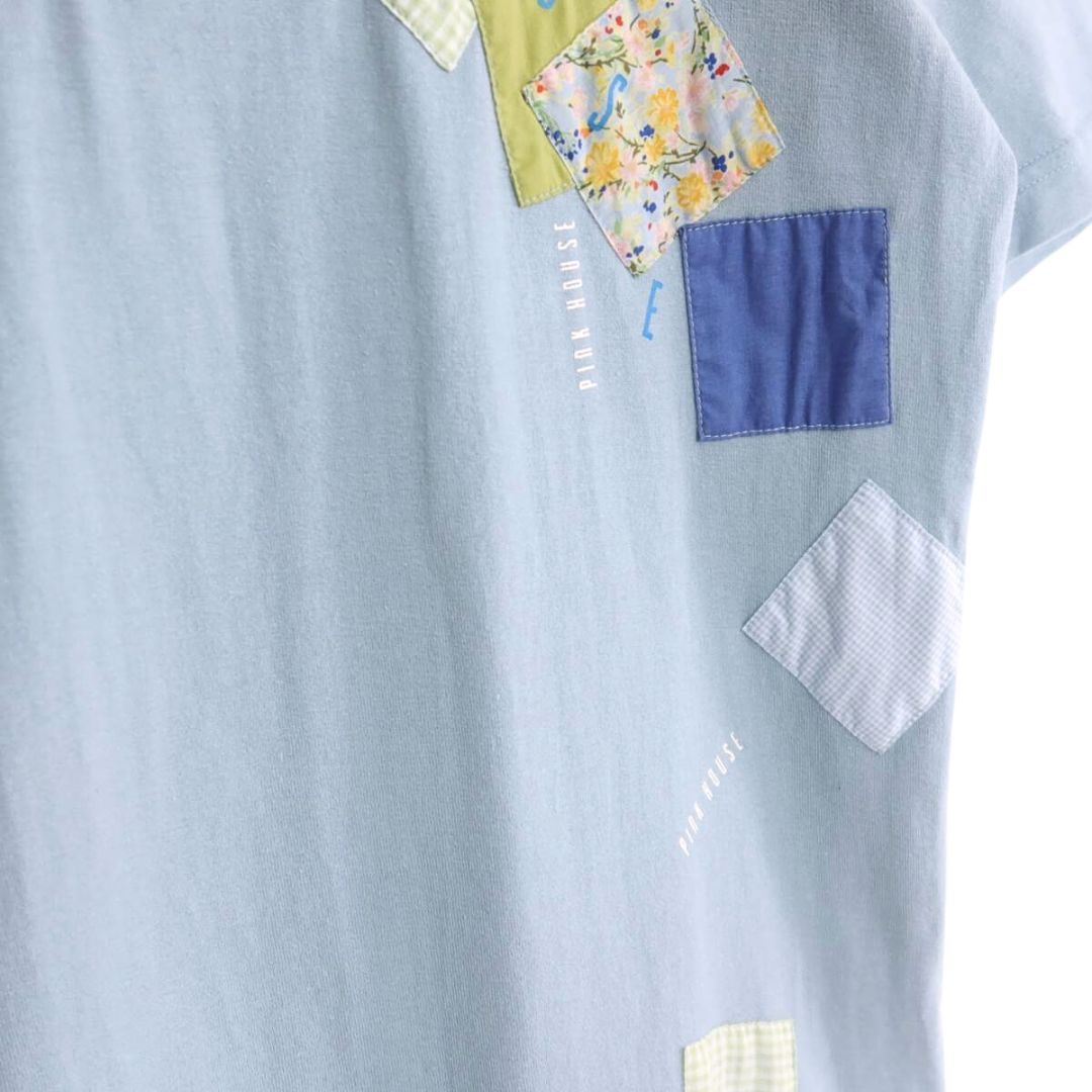 ピンクハウス★たっぷりパッチワーク♪お花とチェック柄 ロゴプリント Tシャツ 大きいサイズL 水色系 z20097
