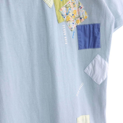 ピンクハウス★たっぷりパッチワーク♪お花とチェック柄 ロゴプリント Tシャツ 大きいサイズL 水色系 z20097