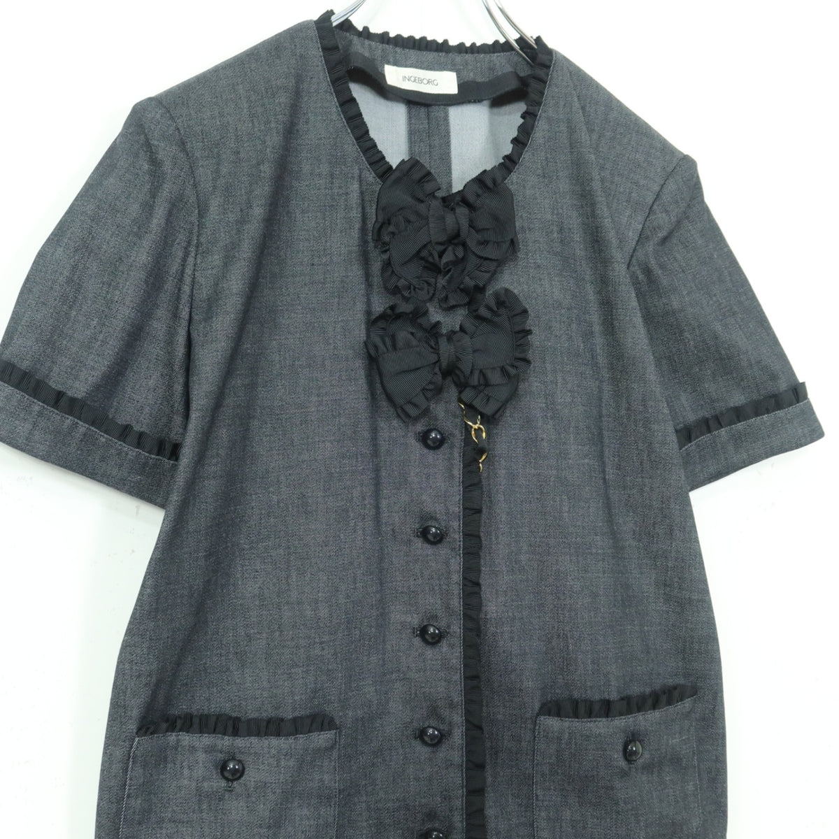 【美品】インゲボルグ★セットアップ♪大人可愛い フリル使い 3WAY ジャケット スカート 大きいサイズL 黒系 z20395
