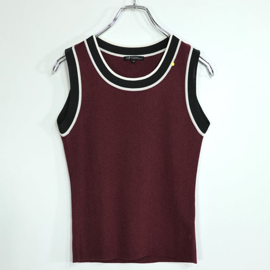 【美品】23区★ヘルシーな気品漂うノースリーブニット♪配色ライン ベスト サイズ32 ボルドー系 z23021