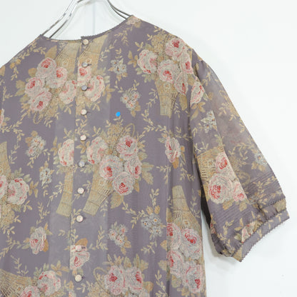 カネコイサオ★花柄シフォンのプリーツワンピース 薄紫系 薄手 z22397