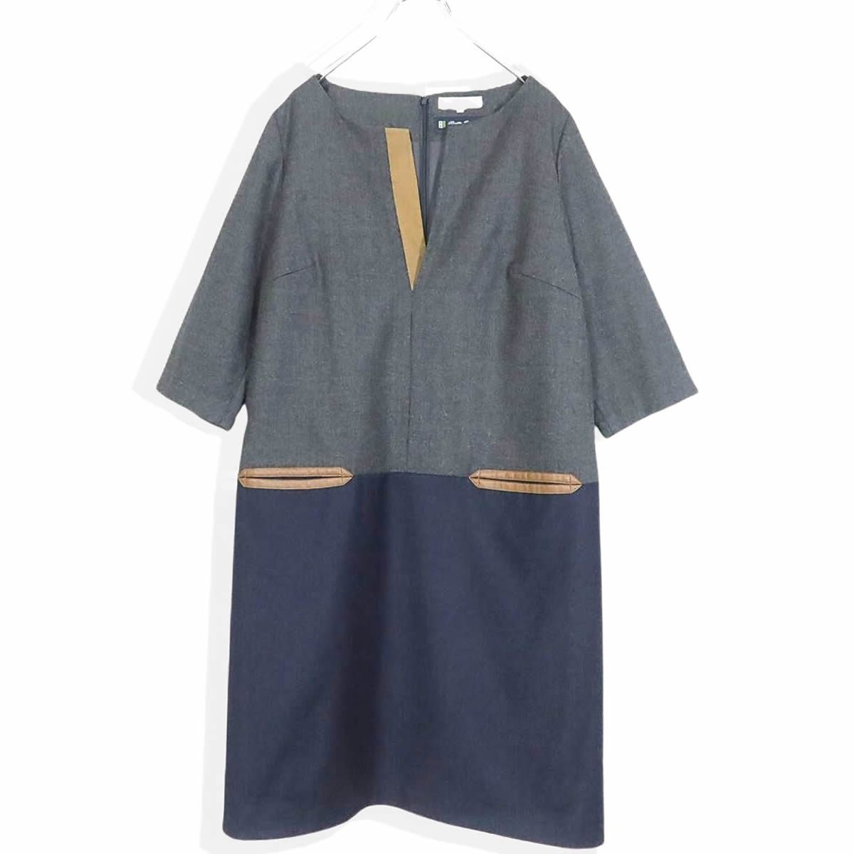 【極美品】自由区★おしゃれなバイカラー♪五分袖ワンピース 大きいサイズ44 グレー系 上質‼ウール100＊z15717