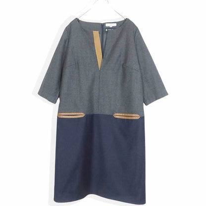 【極美品】自由区★おしゃれなバイカラー♪五分袖ワンピース 大きいサイズ44 グレー系 上質‼ウール100＊z15717