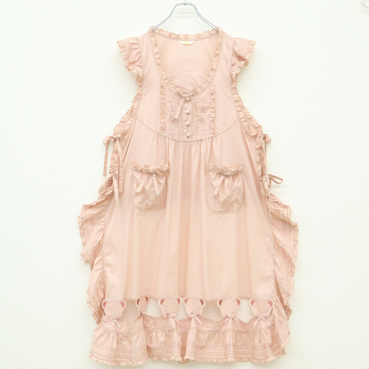 【極美品】ピンクハウス★フラワーピクニック♪くま付きエプロンドレス ローンタブリエ ピンク系 2023年 無地 z23284