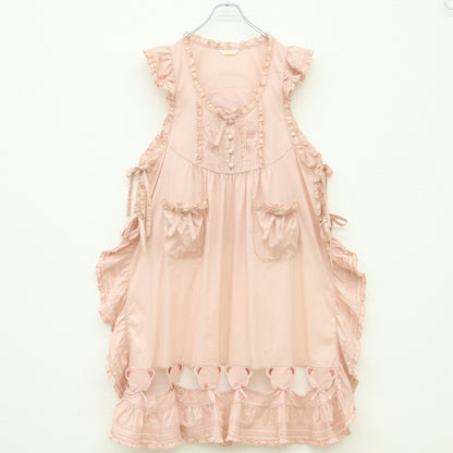 【極美品】ピンクハウス★フラワーピクニック♪くま付きエプロンドレス ローンタブリエ ピンク系 2023年 無地 z23284