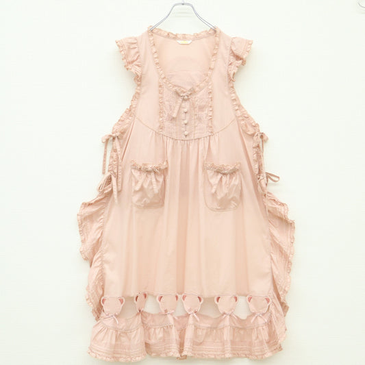 【極美品】ピンクハウス★フラワーピクニック♪くま付きエプロンドレス ローンタブリエ ピンク系 2023年 無地 z23284