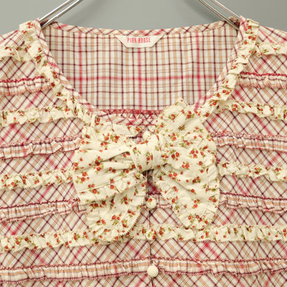 【美品】ピンクハウス★パッチワーク♪オリチェ&小花ptブラウス エクリュ×赤系 段々フリル&リボン 薄手 z23151